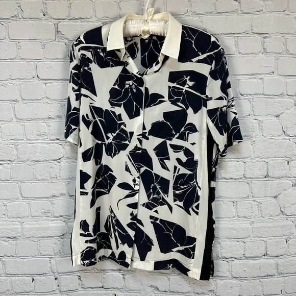 DKNY Women's Button Down Floral Print Silk Blouse Top, Size Small, Navy/White - Picture 1 of 10